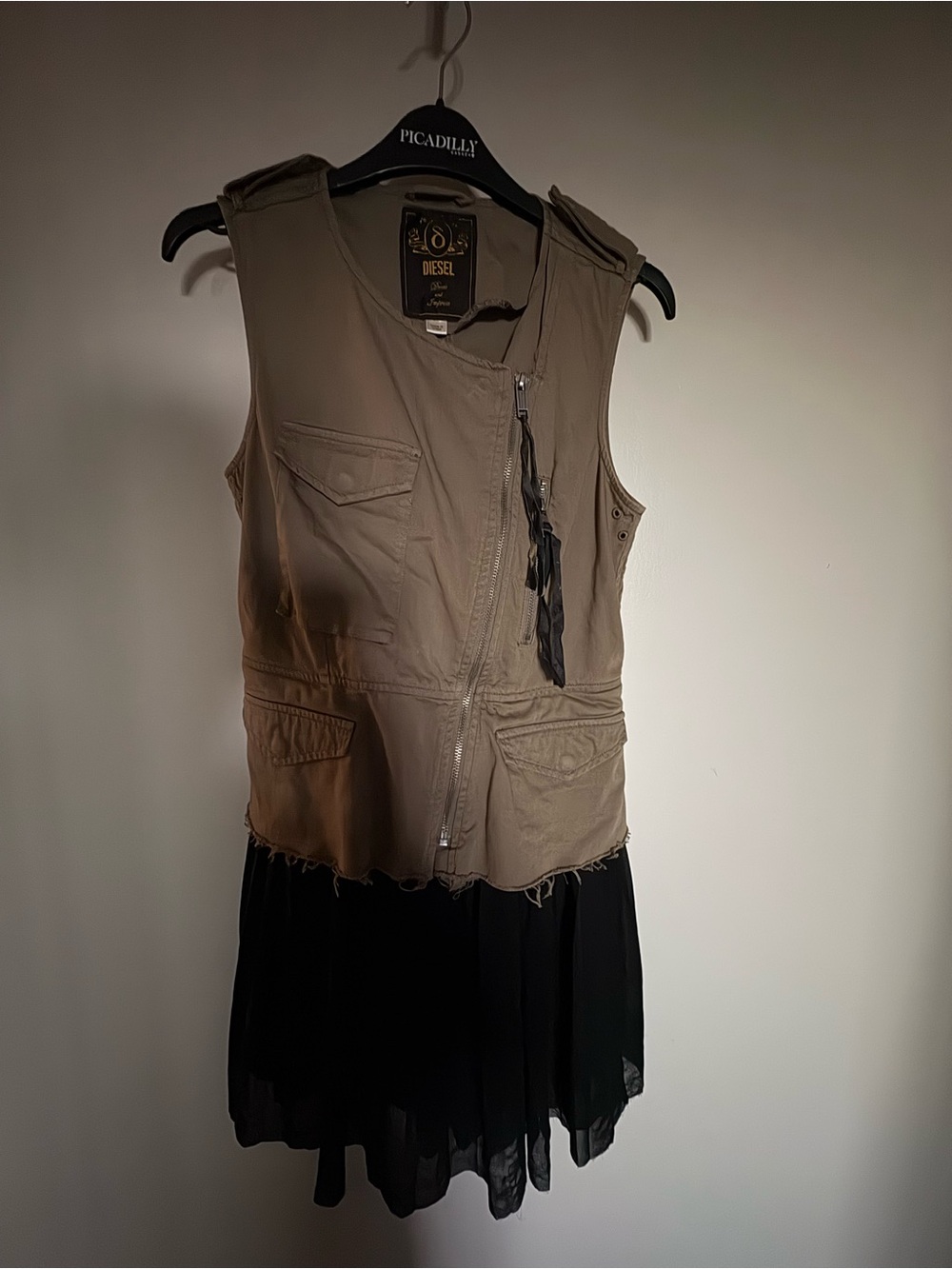 Diesel Taupe Utility Vest + dress that can be worn as a dress with a zipper
